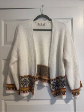 White Open-Front Cardigan with Geometric Trim